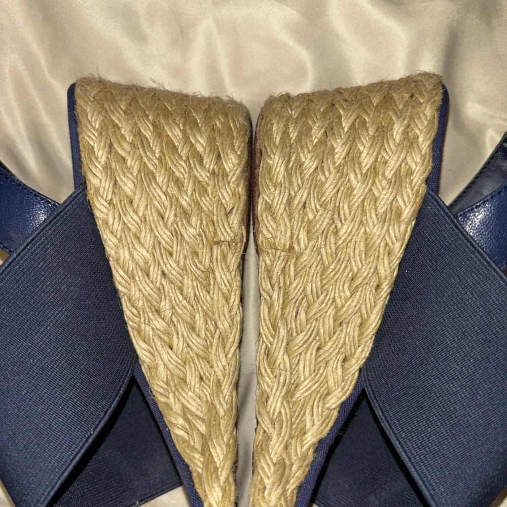 LRL Ralph Lauren 10 B Carminda Navy Blue Wedge Sandals Espadrille Jute Slingback